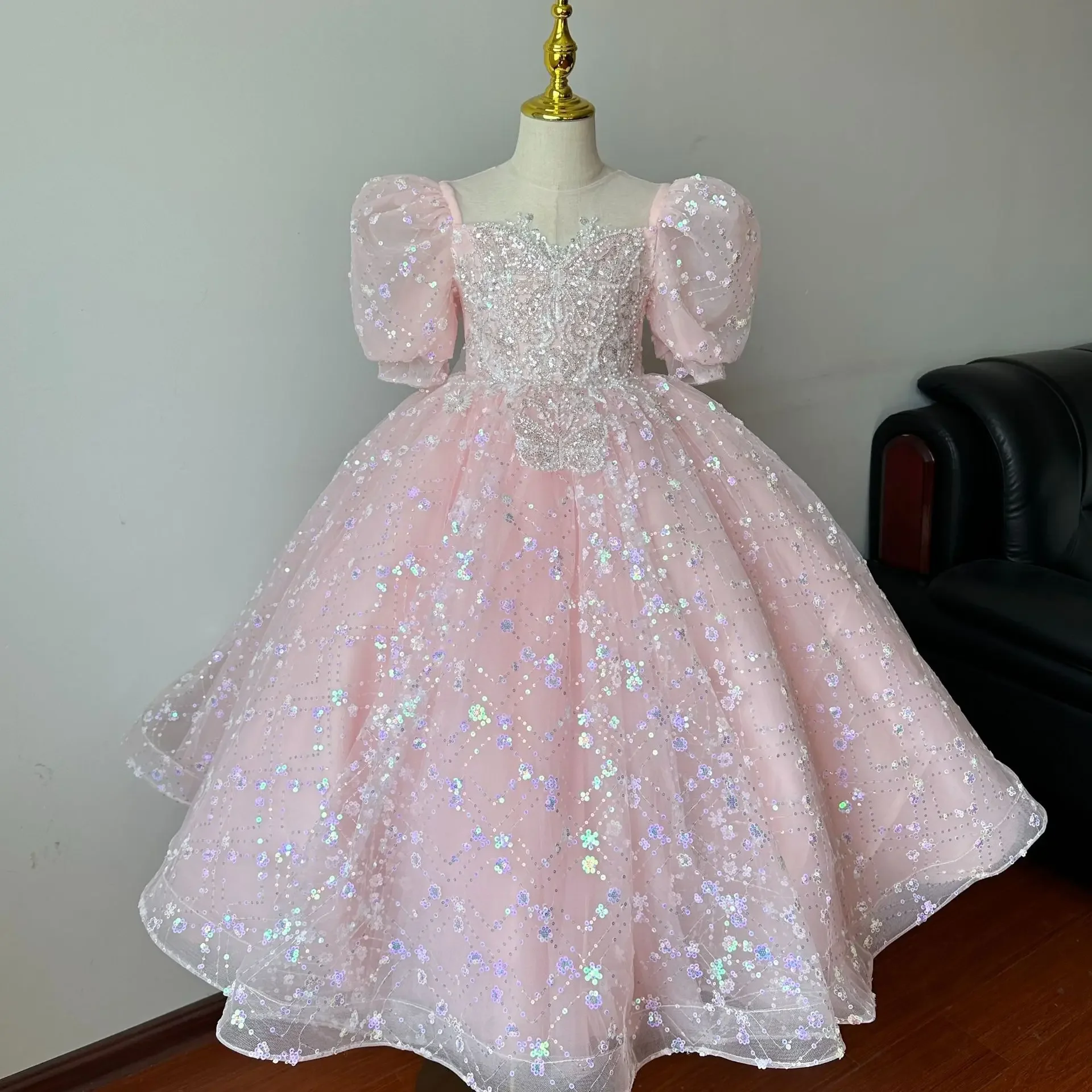 Abito da ragazza di fiori Abito da sposa Primo abito da festa di Natale Abito da cerimonia formale per bambini con paillettes e maniche a sbuffo Organza 