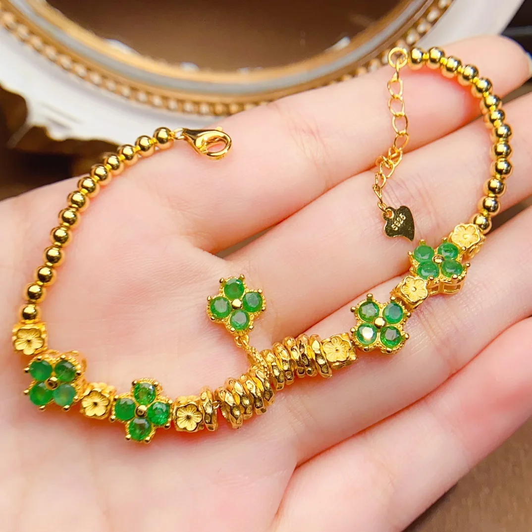 Natural Emerald Clover Bracelet 3x3mm S925 Silver Gold Plated Adjustable Beaded Bracelet