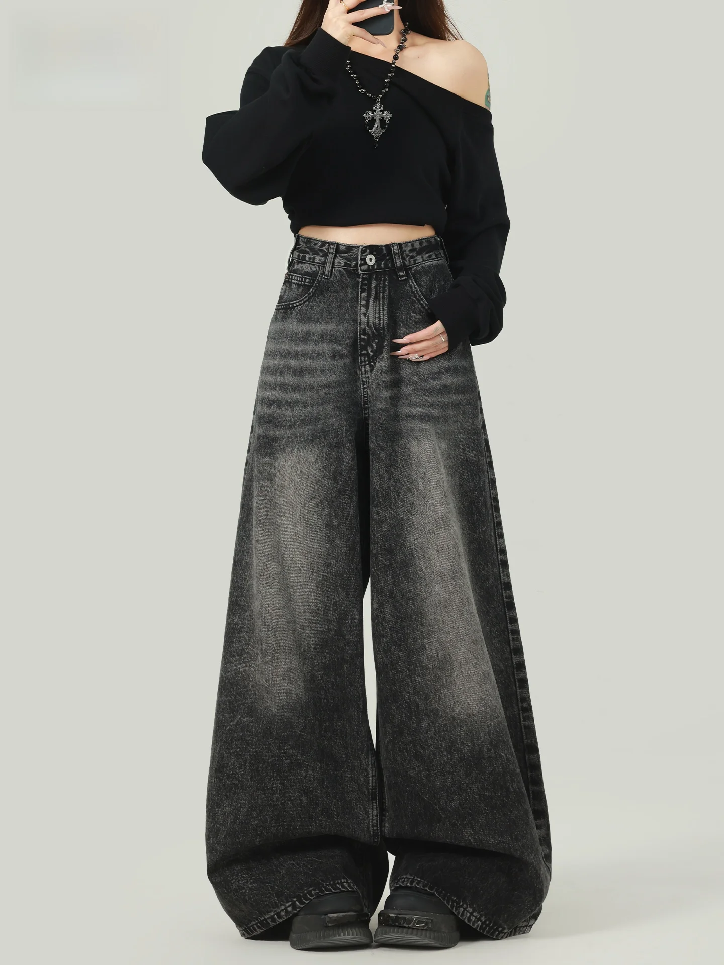 

Женские джинсы с высокой талией, свободного кроя, весенняя новинка, с драпировкой, утягивающие, в пол, широкие штанины, винтажные, черно-серые