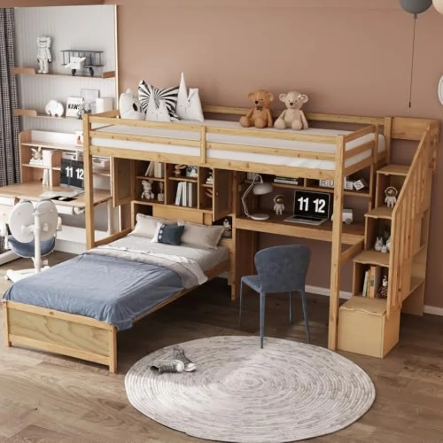 

Twin Multifunction Bunk Bed with Desk/Storage Compartments, Wood Loft Bed with Staircase and Full Length Gardrails for Boys, Gi
