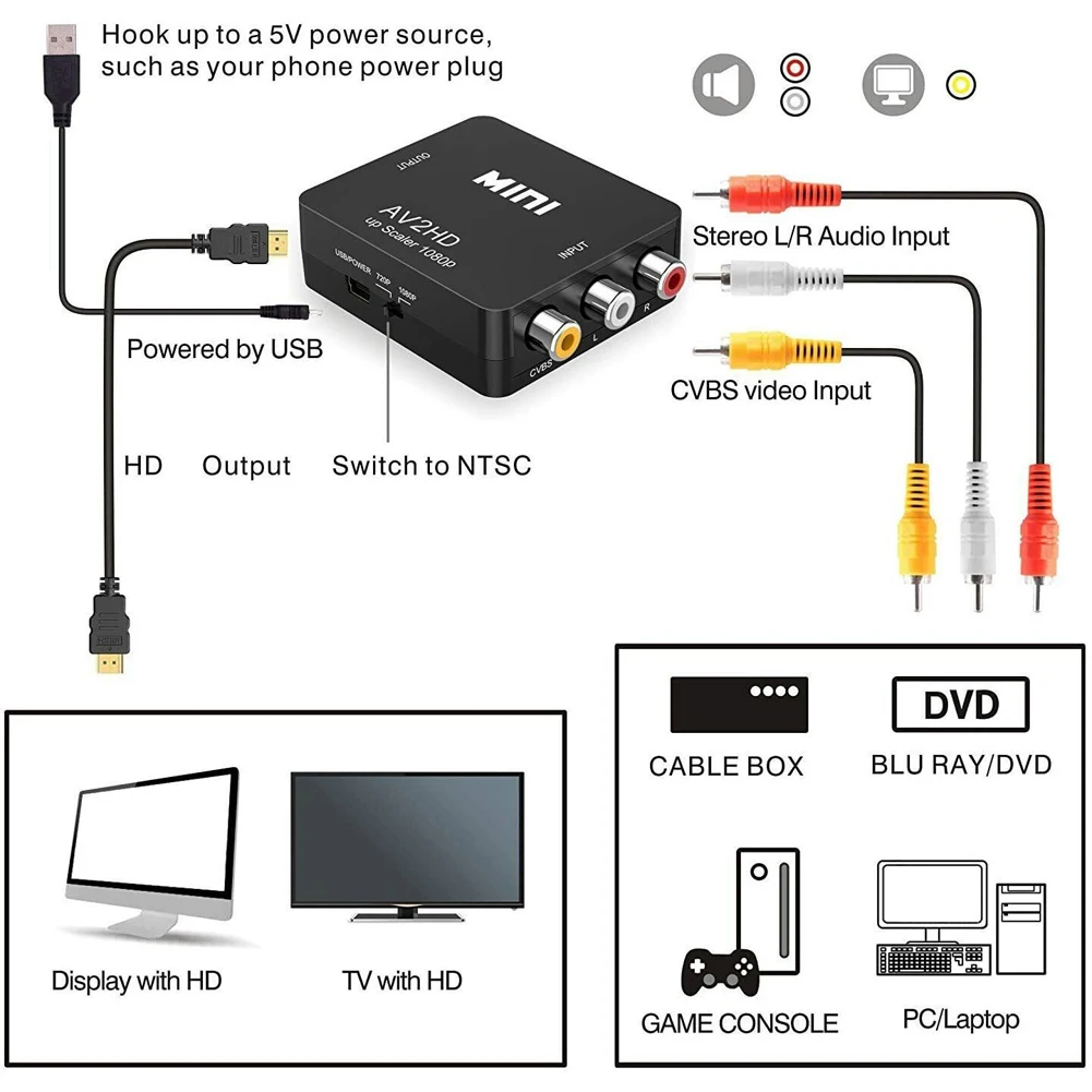 HDMI-compatible to RCA AV Converter AV/CVSB L/R Video Box HD 1080P 1920*1080 AV2HDMI Support NTSC PAL Output AV To HDMI Adapter