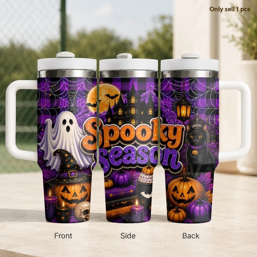 Haunted House Pumpkin Vacuum Flasks 40oz Stainless Steel Travel Tumbler with Handle Straw Lid Double Wall Vacuum Insulated