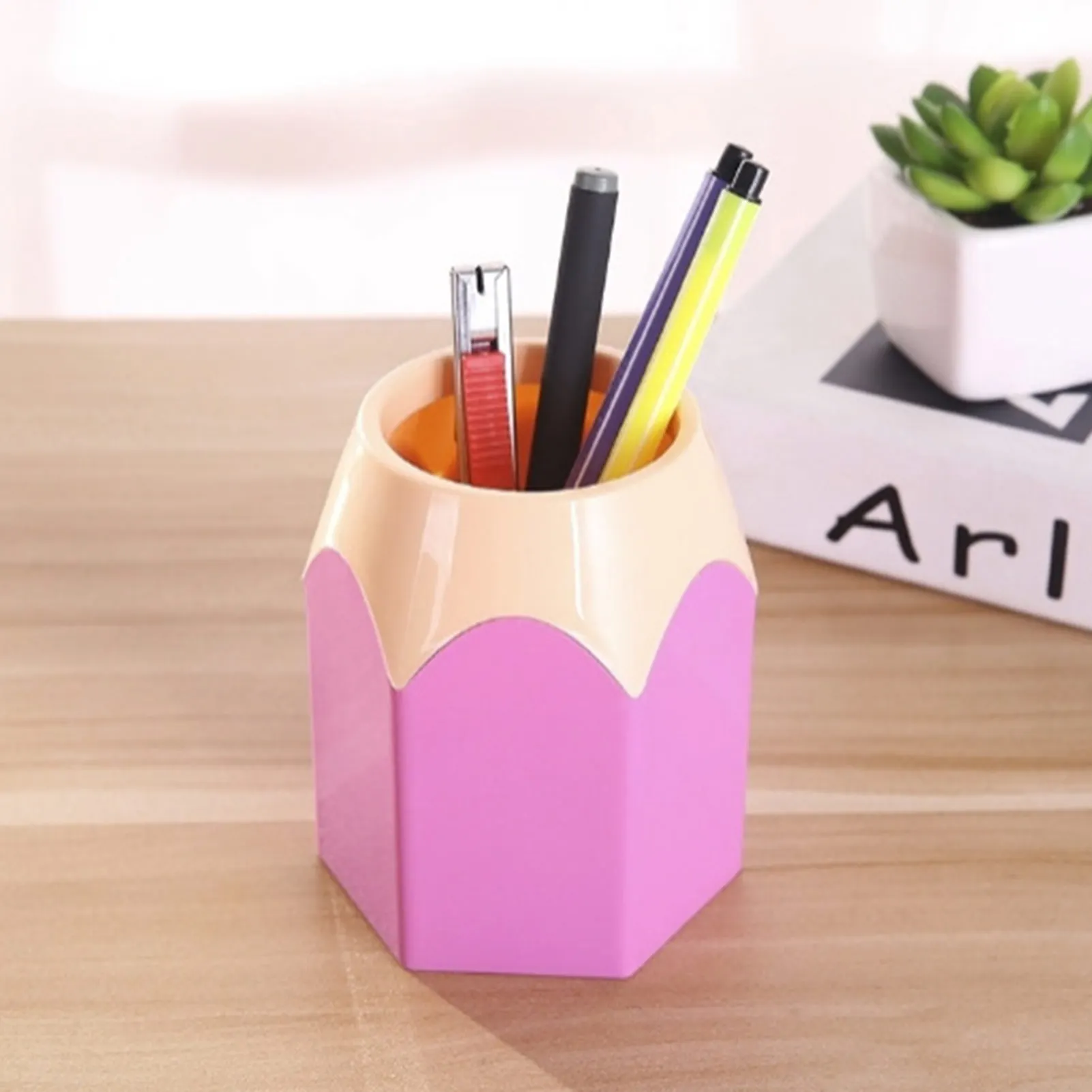 Desk Pencil Pen Holder Plastic Contrast Color Pencil Bucket Makeup Brush Holder for Kids School Home