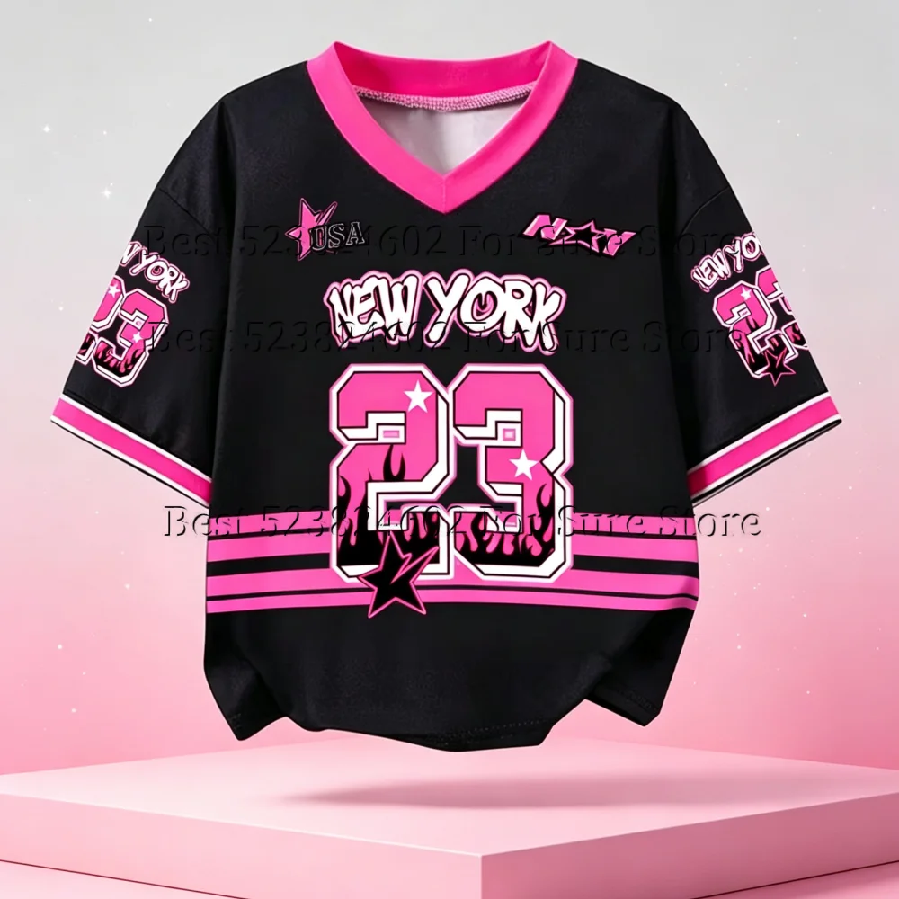 Vintage Pink Black Contrast Color Jersey Women New York 23 Graphic V Neck Tee Y2K Hip Hop Street Style Casual Summer Crop Tops