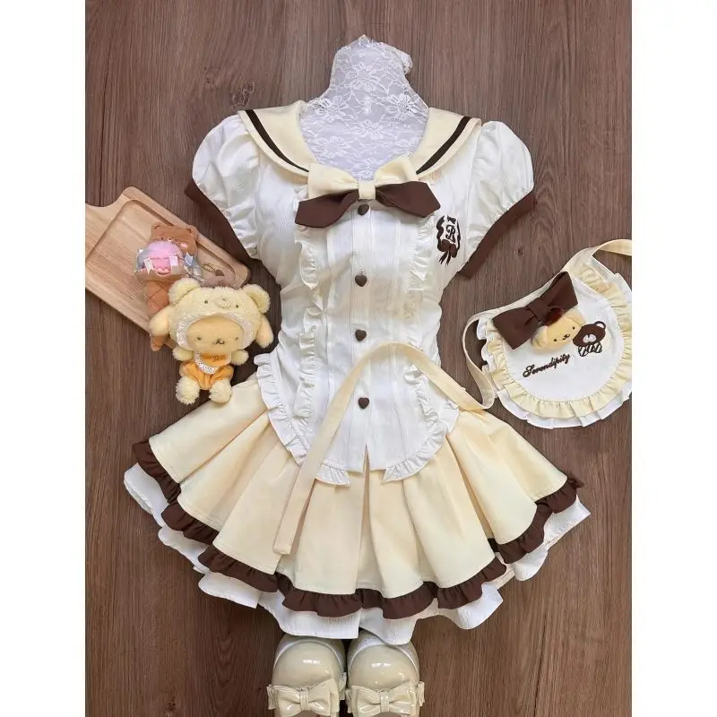 Conjunto de falda estilo japonés dulce Lolita para mujer, camisa con lazo y cuello de marinero Kawaii, Falda plisada bonita Y2k con delantal, minifalda, traje