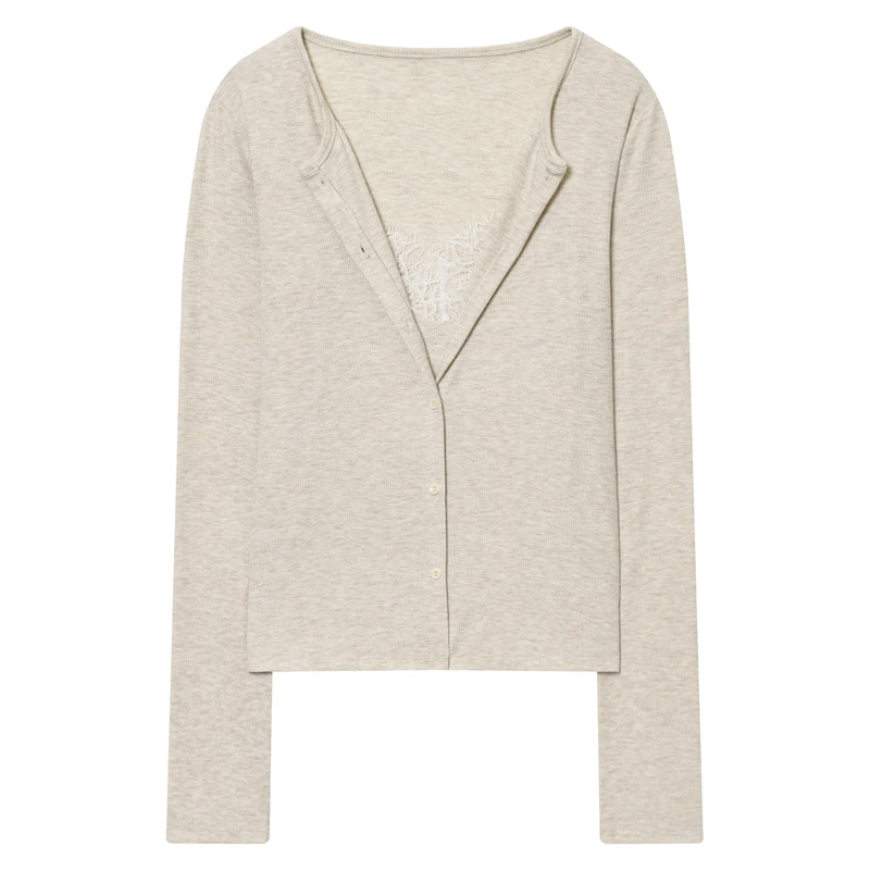 2025 Autunno Nuovo Arrivo delle Donne Falso in Due Pezzi in Pizzo Trim Scollo a V Manica Lunga Morbida Maglia Slim Fit Elegante Casual Maglione Camicia Magliette e camicette