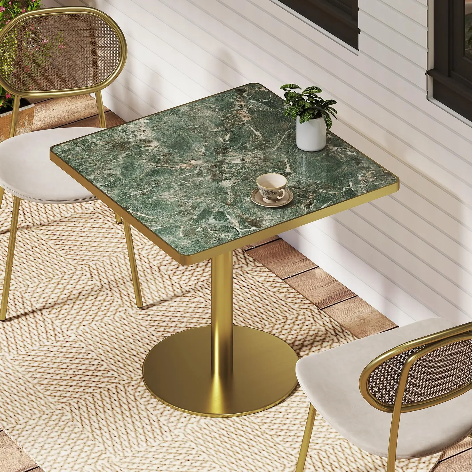 31.5 Inch Square Tulip Table with Thickened Sintered Stone Tabletop & Golden Metal Pedestal, Small Dining Table Bistro