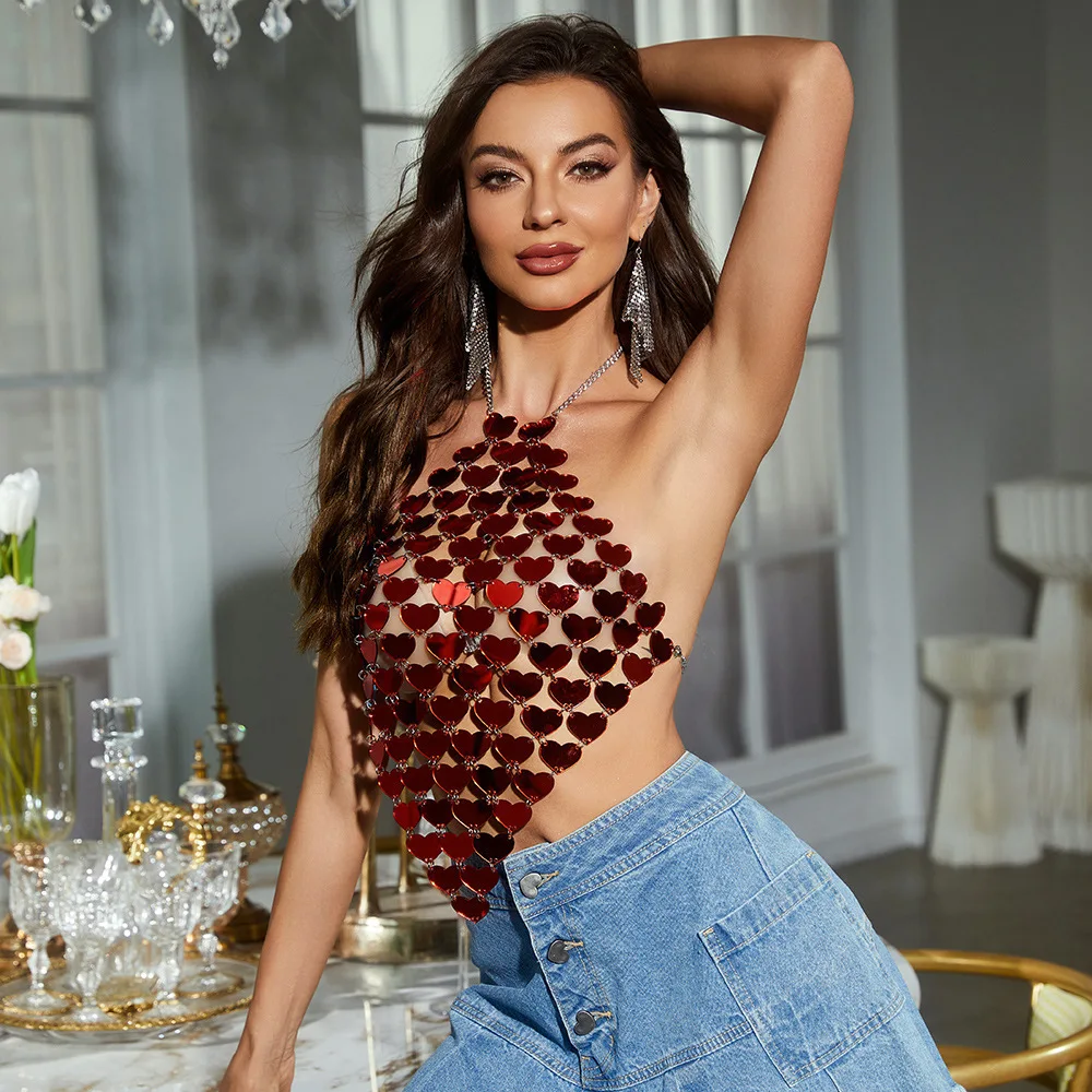 2025 Cuore Acrilico Perline Top Gilet Reggiseno Catena Backless Halter Camis Night Clubwear Sexy Summer Dance Party Seno Catene per il corpo