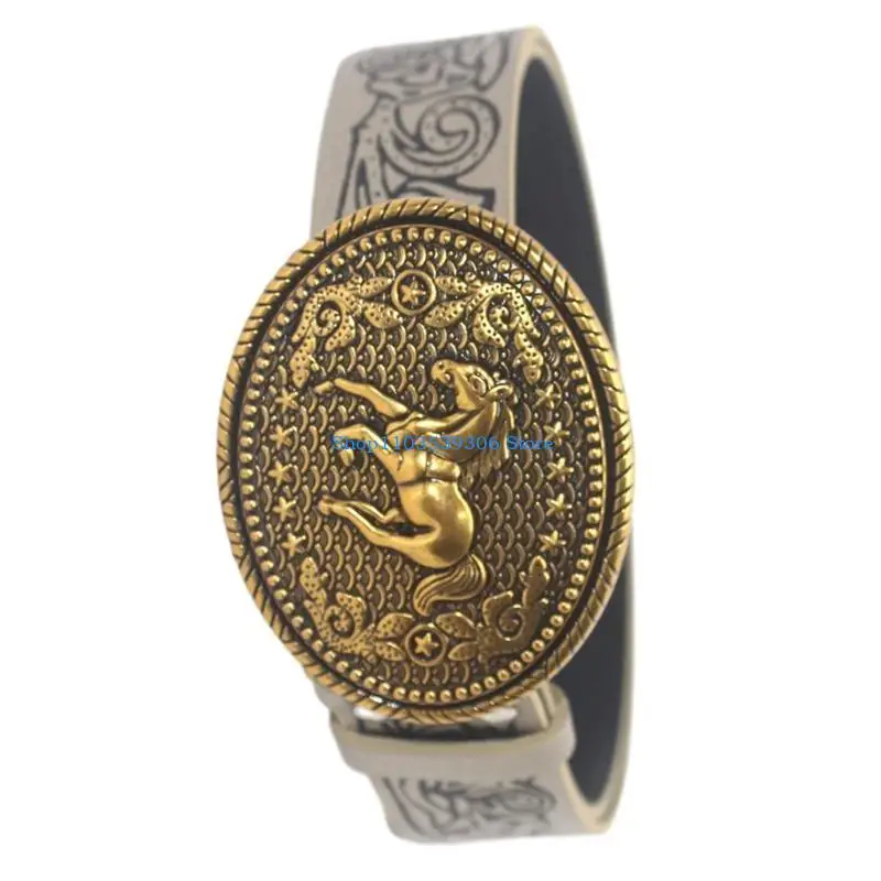 

400A Women Horse Pattern Buckle Belt Vintage Floral Embossed PU Leather Waist Belt