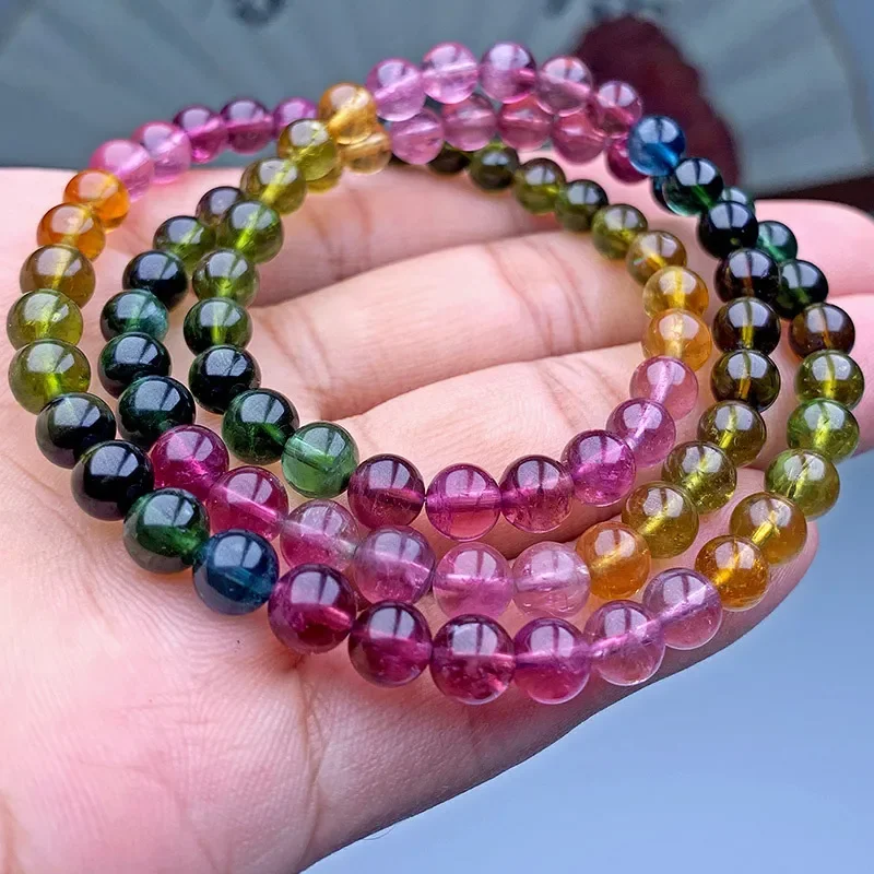 Natural Rainbow Tourmaline Bracelet Women's Three Circles Macaron Crystal Bracelet Net Body Lucky Wangfu Round Bead Bracelet
