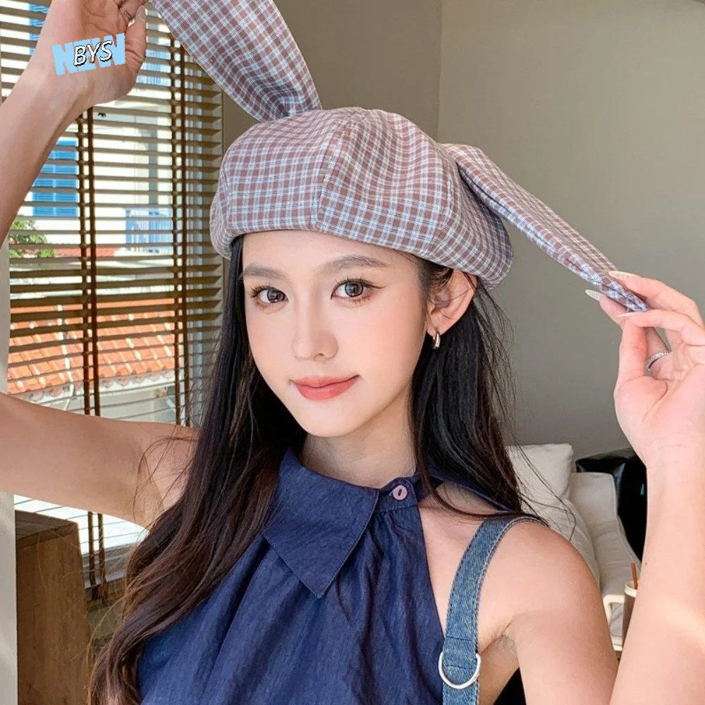 

Korean Style Rabbit Ears Octagonal Hat Versatile Big Head Circumference Plaid Beret Polyester Sunscreen Spring Painter Cap Work