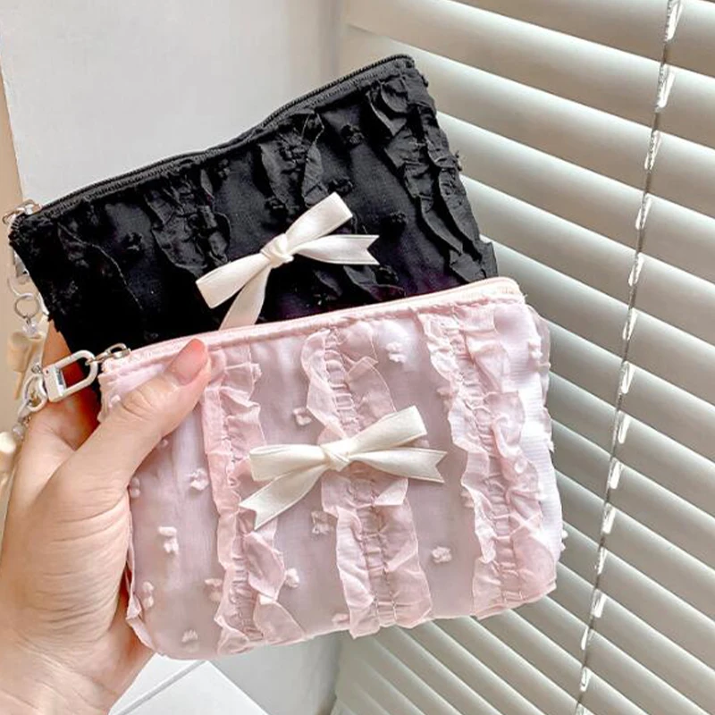 

Kawaii Mini Makeup Bag with Lace Bow - Portable Cosmetic Coin Purse Cute Women's Zippered Handbag Pouch Essentials Travel