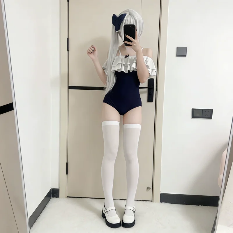 Tsukiyuki Miyako Blue Archive Cosplay One Piece Swimwear Off Shoulder Bathing Suit Navy White Ruffle Trim One Piece Swimsuit