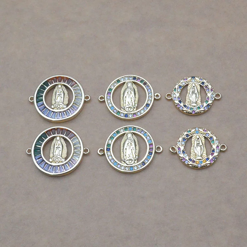 

10pcs/lot Luxury 18k Gold Plated Inlay Colorful Zircon Round Shape Virgin Mary Connector DIY Jewelry Making Accessories