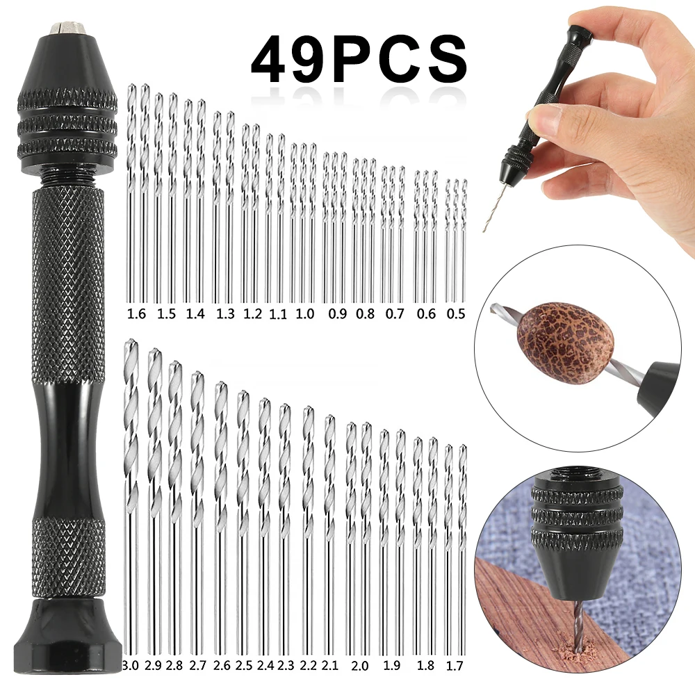 49pcs 0.2-3.4mm Hand Drill Set Mini Aluminum Hand Drill Bit Jewelry Craft Hand Manual Drill Woodworking Tools Drill Bit Dropship