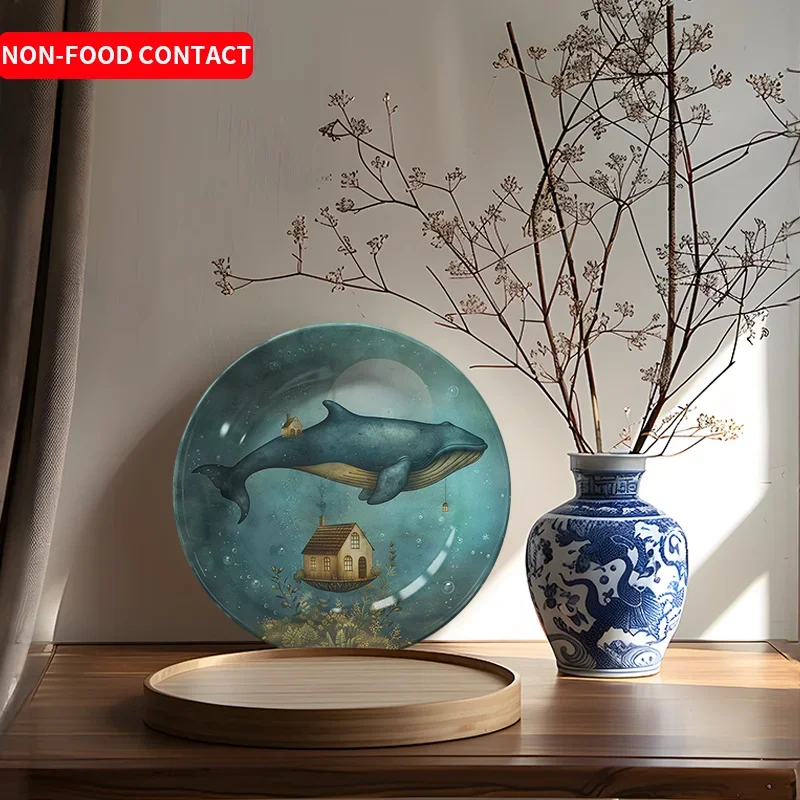 1pc non-food contactWhale Flying Over House Ceramic Decorative Plate Creative Home Decor Living Room Wall Art Non-Food Contact