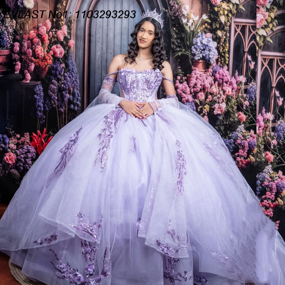 

EVLAST блестящее лавандовое бальное платье на заказ, платье Quinceanera, накидка с блестками и аппликацией из бисера, милое платье 16, Vestidos De 15 Anos E1QN302