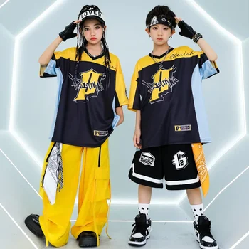 Erkek Sokak dans kostümü Kız Spor Üst Şort Kpop Caz Performansı Giyim Çocuklar Hip Hop Giyim Gevşek T Gömlek Sarı Pantolon