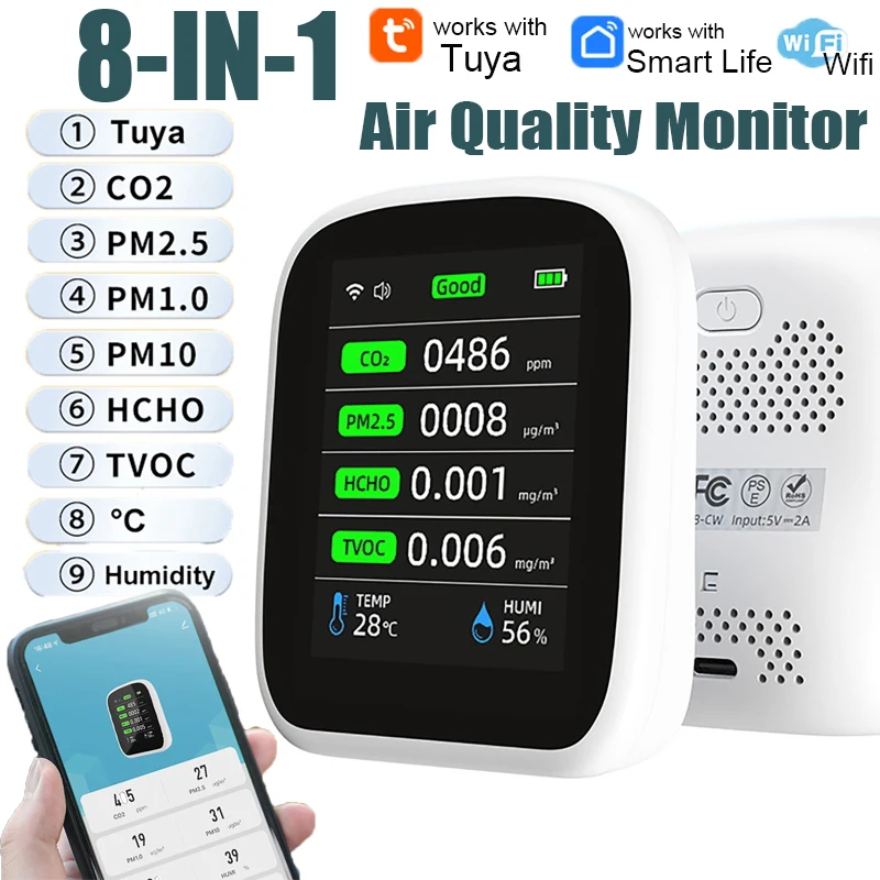 

8 in1 WIFI Automatic Calibration and Alarm Air Quality Monitor CO2/ PM2.5/ HCHO/ PM1.0/ PM10/ TVOC/ Temperature/ Humidity Tester