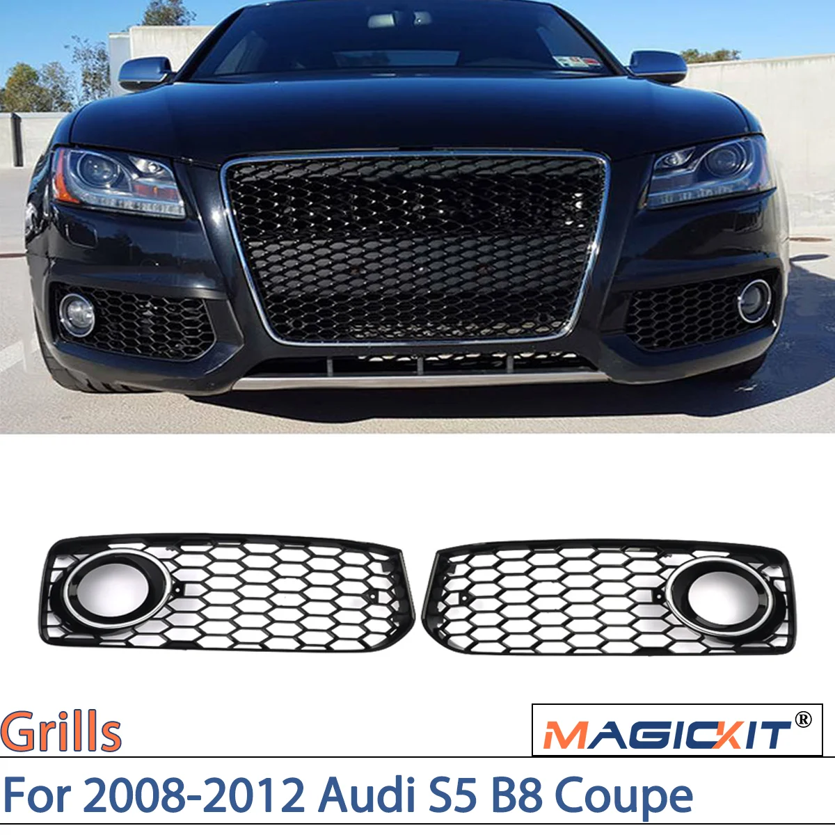 MAGICKIT RS5 Style nid d'abeille antibrouillard Grille maille pour Audi A5 s-line/S5 B8 RS5 2008 2009 2010 2012 accessoires noir + Chrome