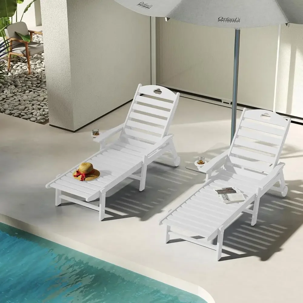 Outdoor Oversized HDPE Chaise Lounge with Wheels and Cupholder, 6-Position Adjustable for Poolside, Patio, Lawn, Garden (White,