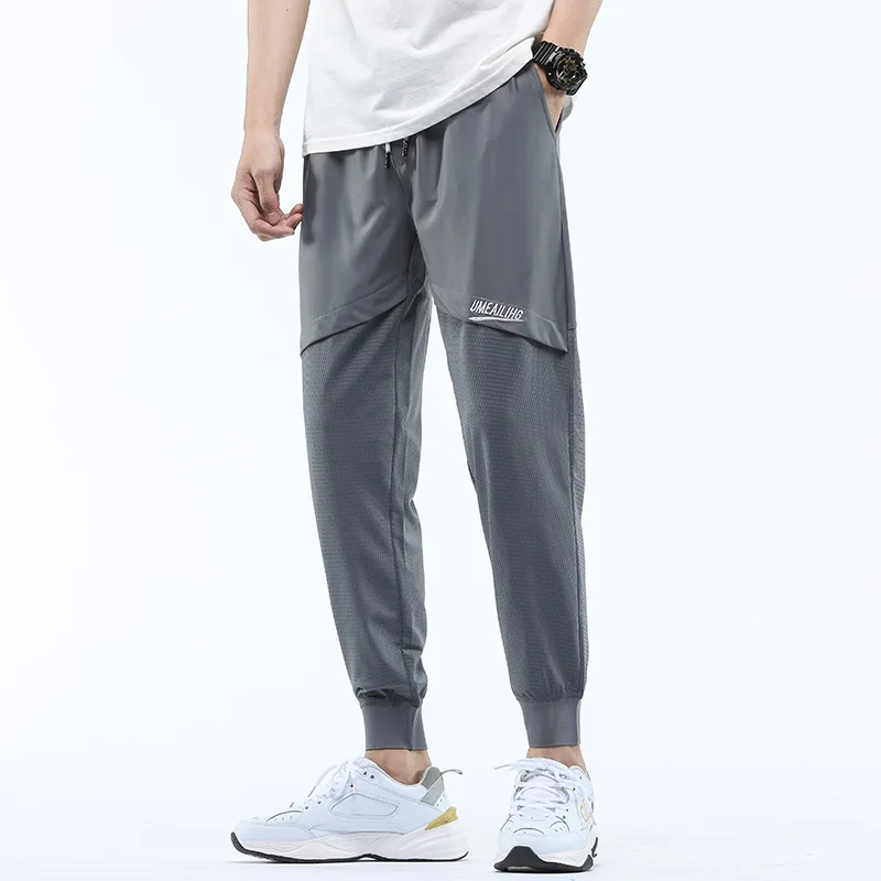 

Japanese Style Retro Summer Ice Thin Grid Mesh Casual Men's Patchwork Solid Loose Elastic Waist Drawstring Harlan Sports Pants