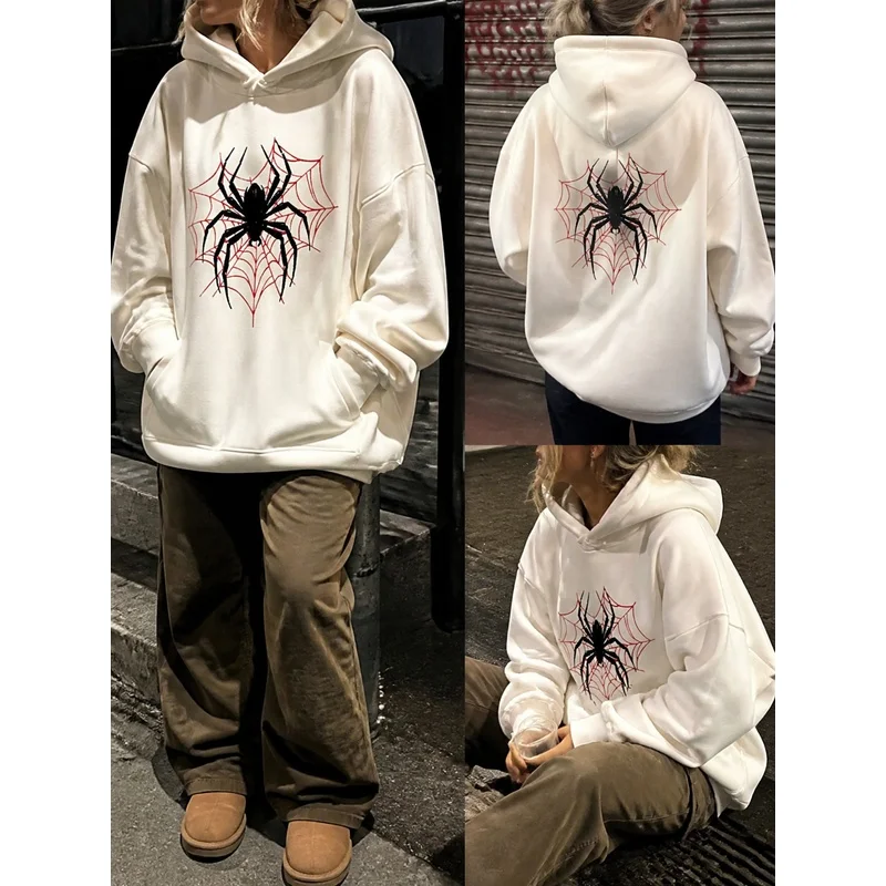 This year's new white hoodie，Decorated with a black spider and red spider web pattern—Halloween and everyday fashion's trendy