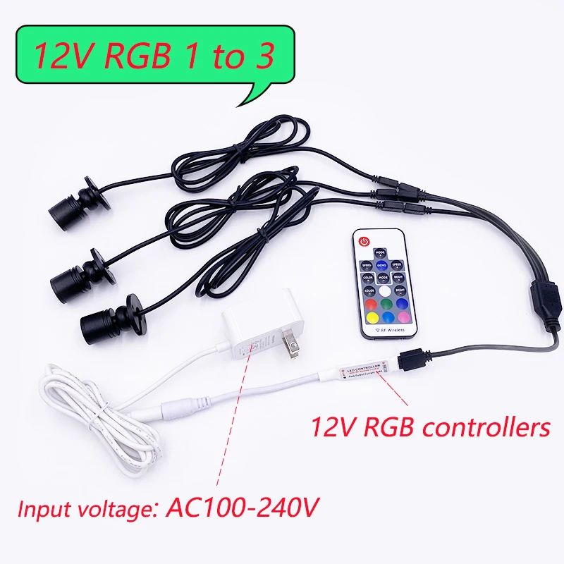 DC12V RGB Mini LED Spotlight with Remote Control and Transformer AC100-240V Ceiling Mount Adjustable Angle Spotlight 1W Dimmable