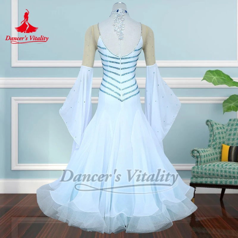 화이트 플레어 슬리브 스탠다드 소셜 댄스 공연 드레스 댄서의 활력 성인 여성 왈츠 대회 의상 목걸이 포함 맞춤 제작