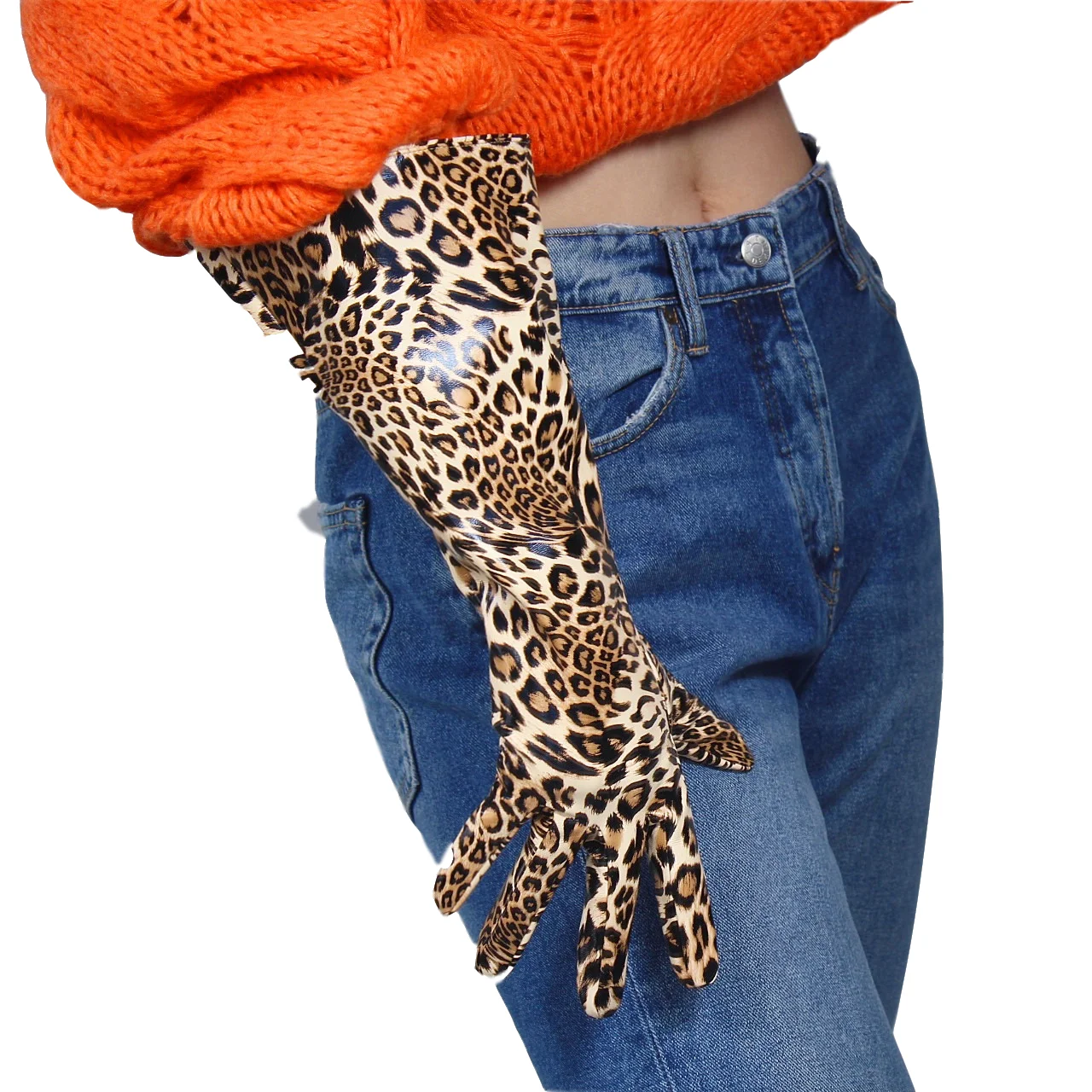 DooWay Long Leopard GLOVES Puff Sleeves Unisex Brown Faux Leather 38cm Wide Balloon Size L Evening Opera Costume Cosplay Gloves