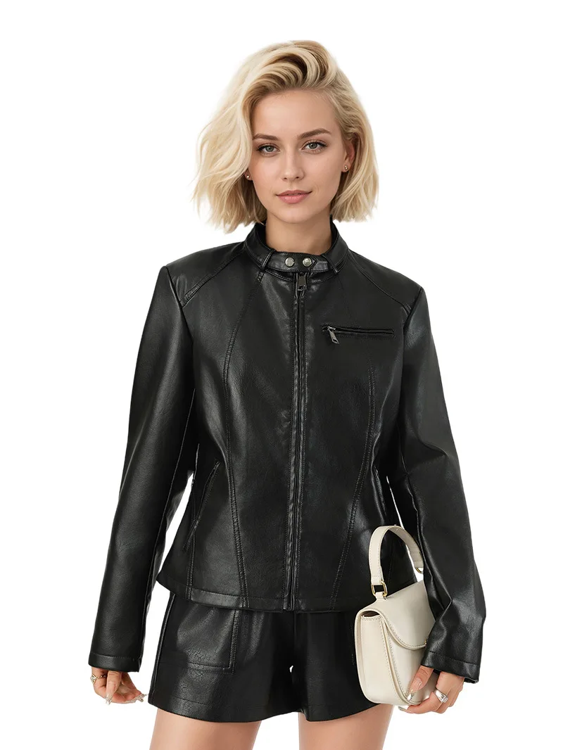 Chaqueta de cuero PU negra a la moda para mujer, abrigo corto con cuello redondo y manga larga con cremallera, prendas de vestir exteriores ajustadas para oficina para otoño