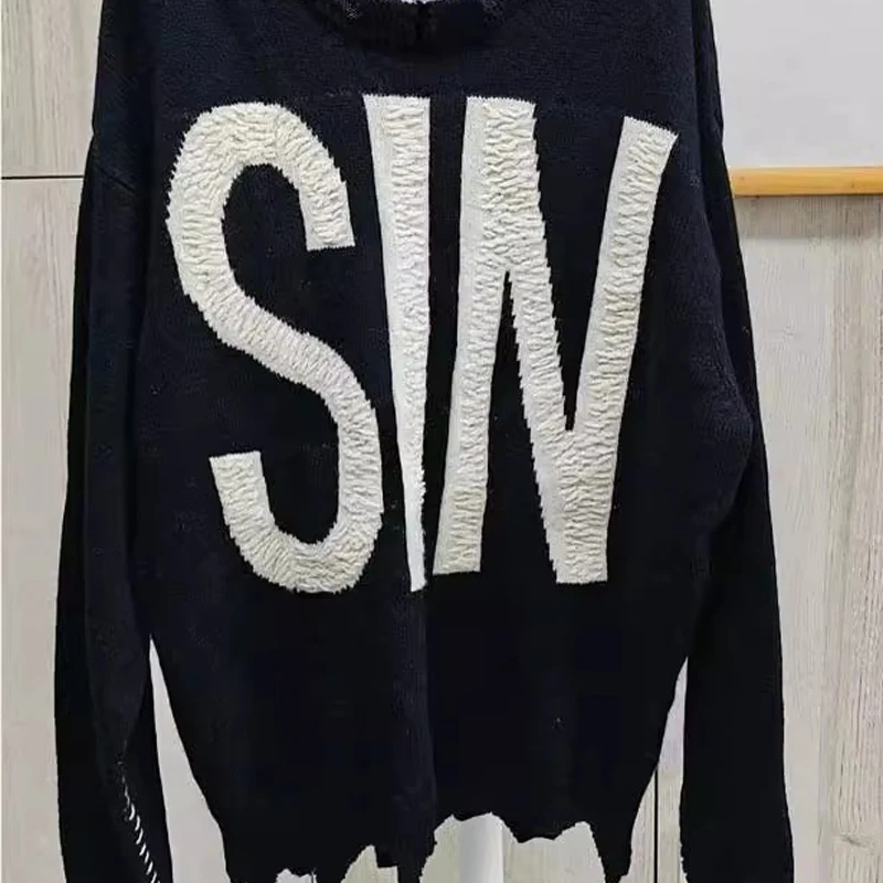 

American Streetwear Saint Sweater Casual Embroidery Jacquard Sweatshirt Fashionable Destruction Neckline Saint Knitted Pullover