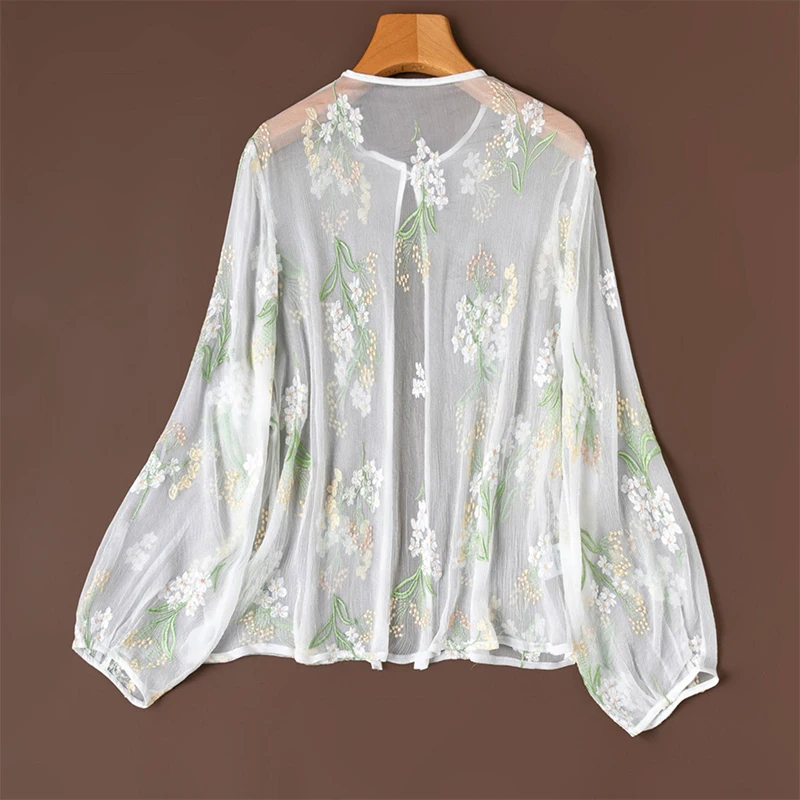 100% Mulberry Silk White Floral Embroidery Thin Type One-button Women Long Sleeve Cardigan Blouse Top Shirt Summer M1606