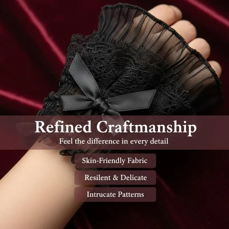 1 Pair Gothic Lolita Hand Wrist Cuffs Bowknot LaceTrim Maid Cosplay Accessories For Women Girl Party