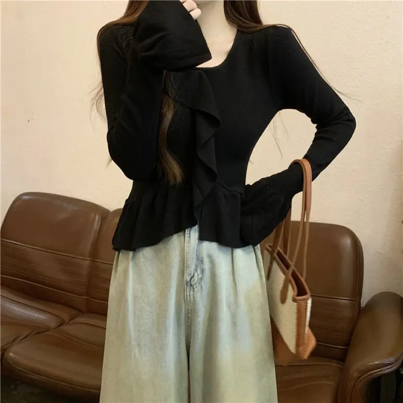 

Small Figure Ruffled Flared Sleeve Knitted Sweater Slim Fit Short Style Long Sleeved Sweater Women's Inner Layer Bottom Top