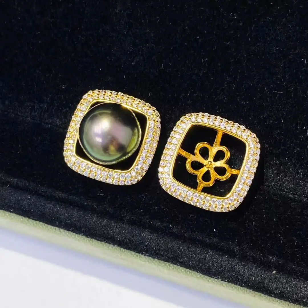 

Square Shape S925 Sterling Silver Earrings Mount Findings Settings Base Mounting Parts Accessory for 10-11mm Pearls 5 pairs/lot