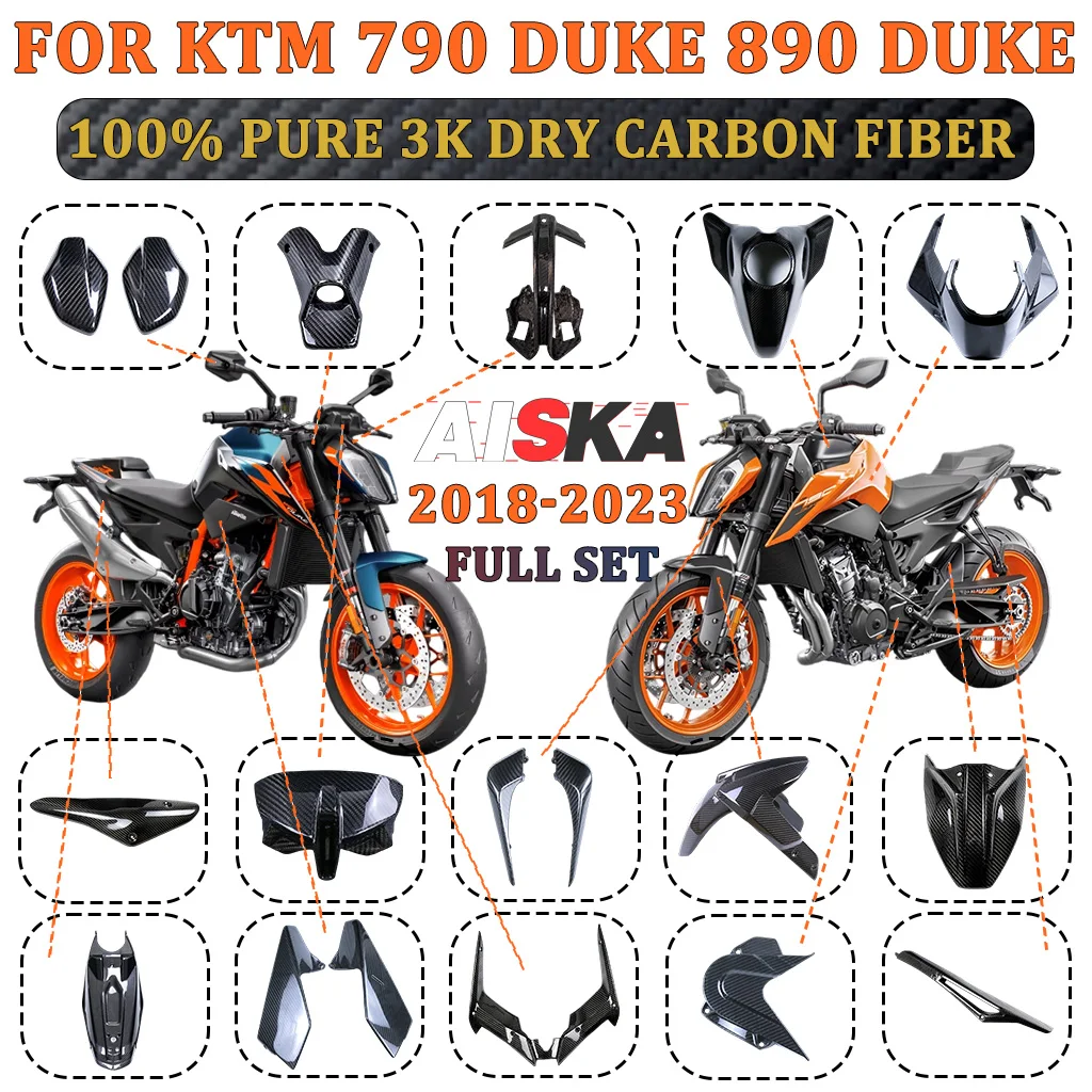 

Для KTM 790 Duke 890 Duke 2018-2023 100% углеродное волокно, крыло мотоцикла, бак, выхлопная передняя обтекатель, панели, аксессуары