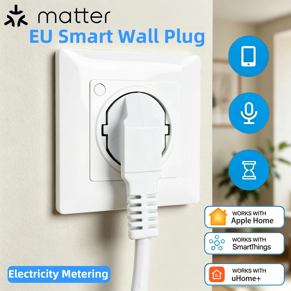 Matter EU Smart Wall Plug Timer Remote Voice Control Socket HomeKit SmartThings uHome+ Smart Home Energy Monitoring Power Outlet