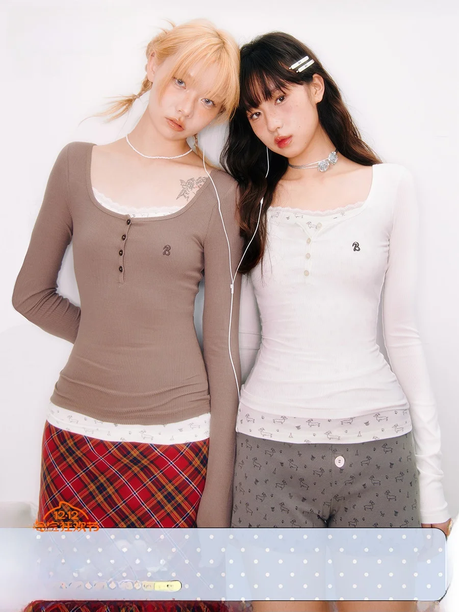 

BENAND, облегающая женская футболка с квадратным воротником и кружевной отделкой, эластичный топ из двух предметов, креативный весенний топ