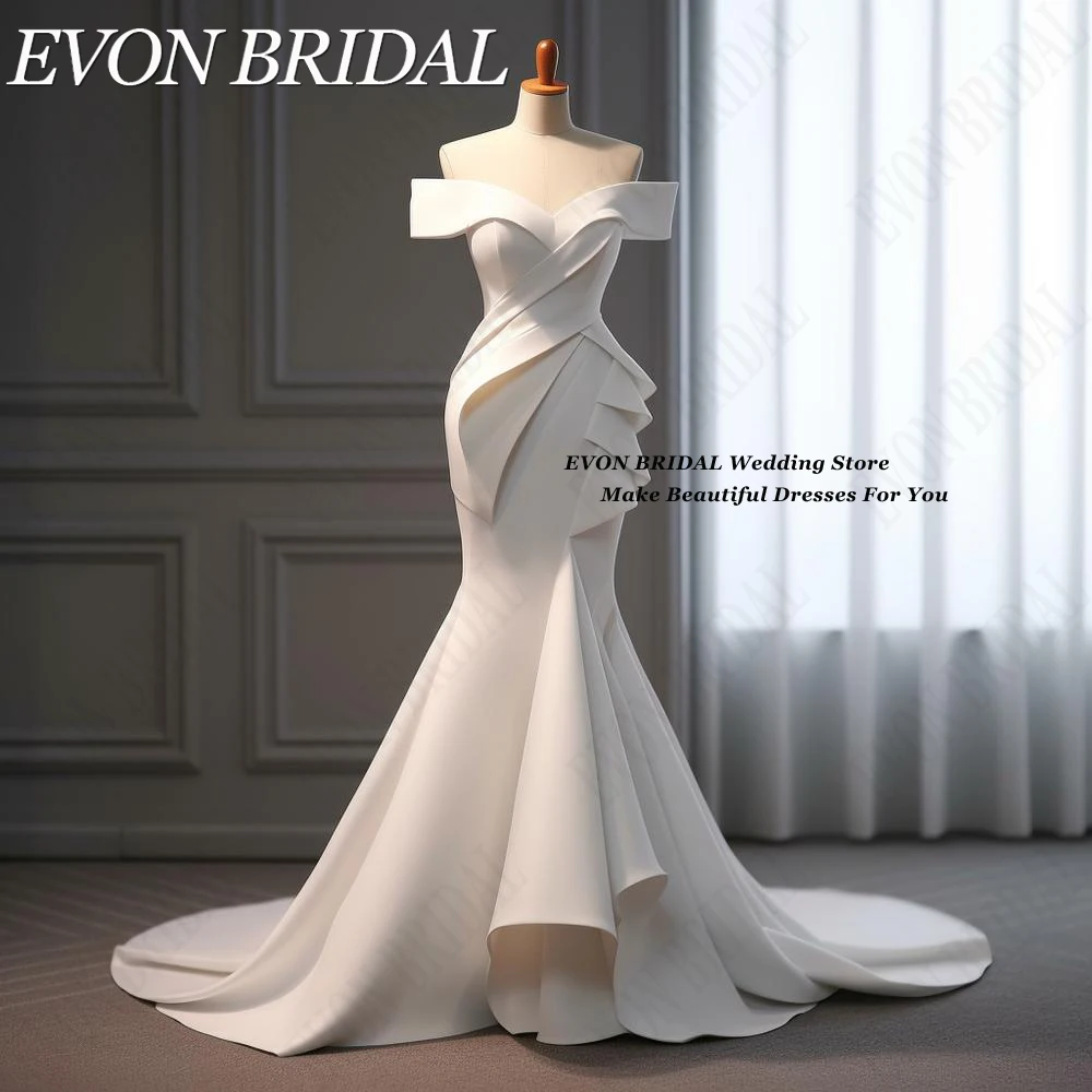 

EVON BRIDAL Simple Wedding Dresses For Women Off Shoulder Soft Satin свадебное платье Ruched Mermaid Bridal Dress Sweep Train