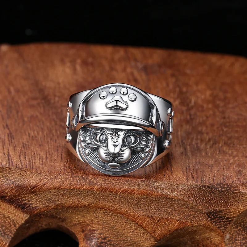 Wholesale S925 sterling silver ornament Thai silver men's fashion personalized cat face ring open ring men and women fashion