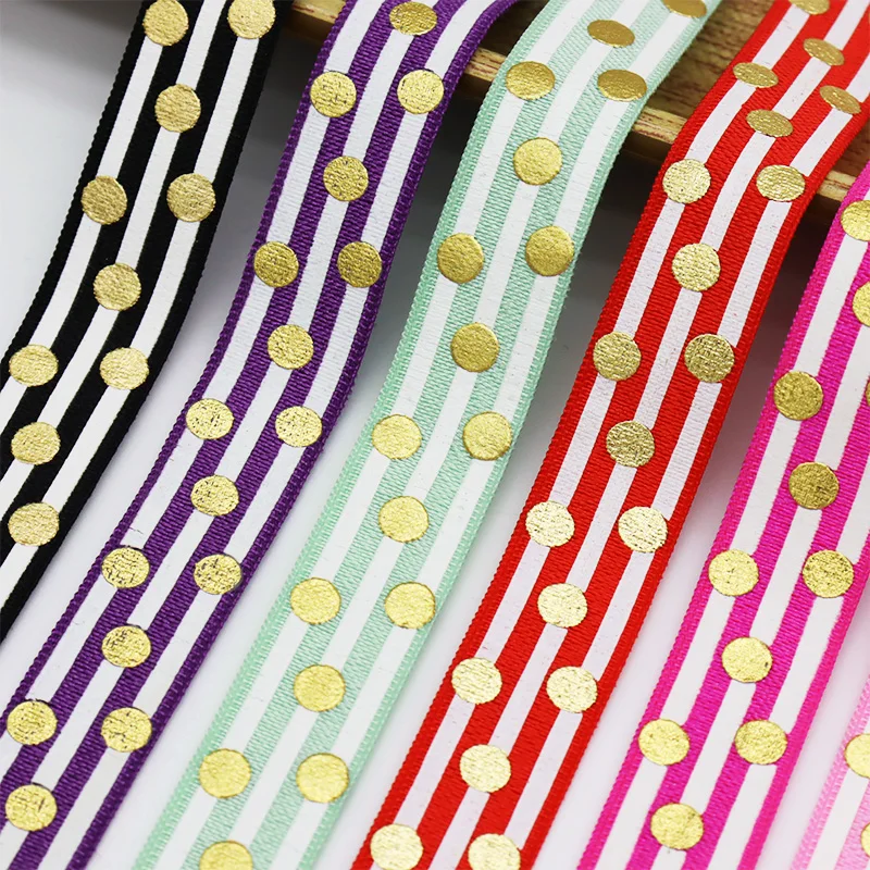 

5/8" 15mm Gold Foil Big Polka Dots White Ink Stripes FOE Band Fold Over Elastic Ribbon For Hair Tie Headband DIY Sewing Trim