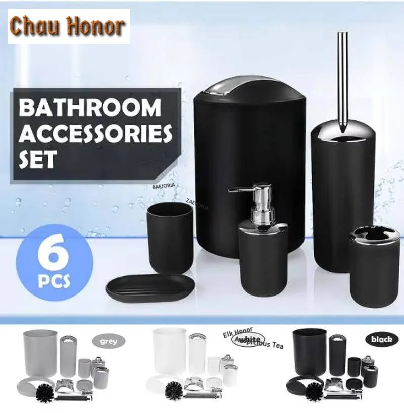 6pcs Bathroom Accessories Sets Toothpaste Tooth Brush Holder Hand Soap Shampoo Storage Bottle With Press Swith Toilet Cleaner