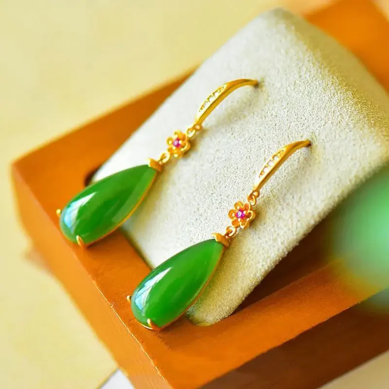 Designer original new flower inlaid drop-shaped Hetian jade earrings classical Chinese style ladies  jewelry