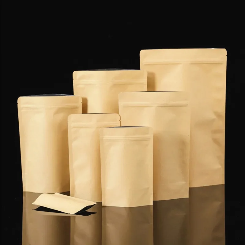 Bolsas de papel Kraft resellables con cierre de cremallera, bolsas de embalaje de sellado térmico para frutos secos, café molido, aperitivos, nueces en polvo, color Beige