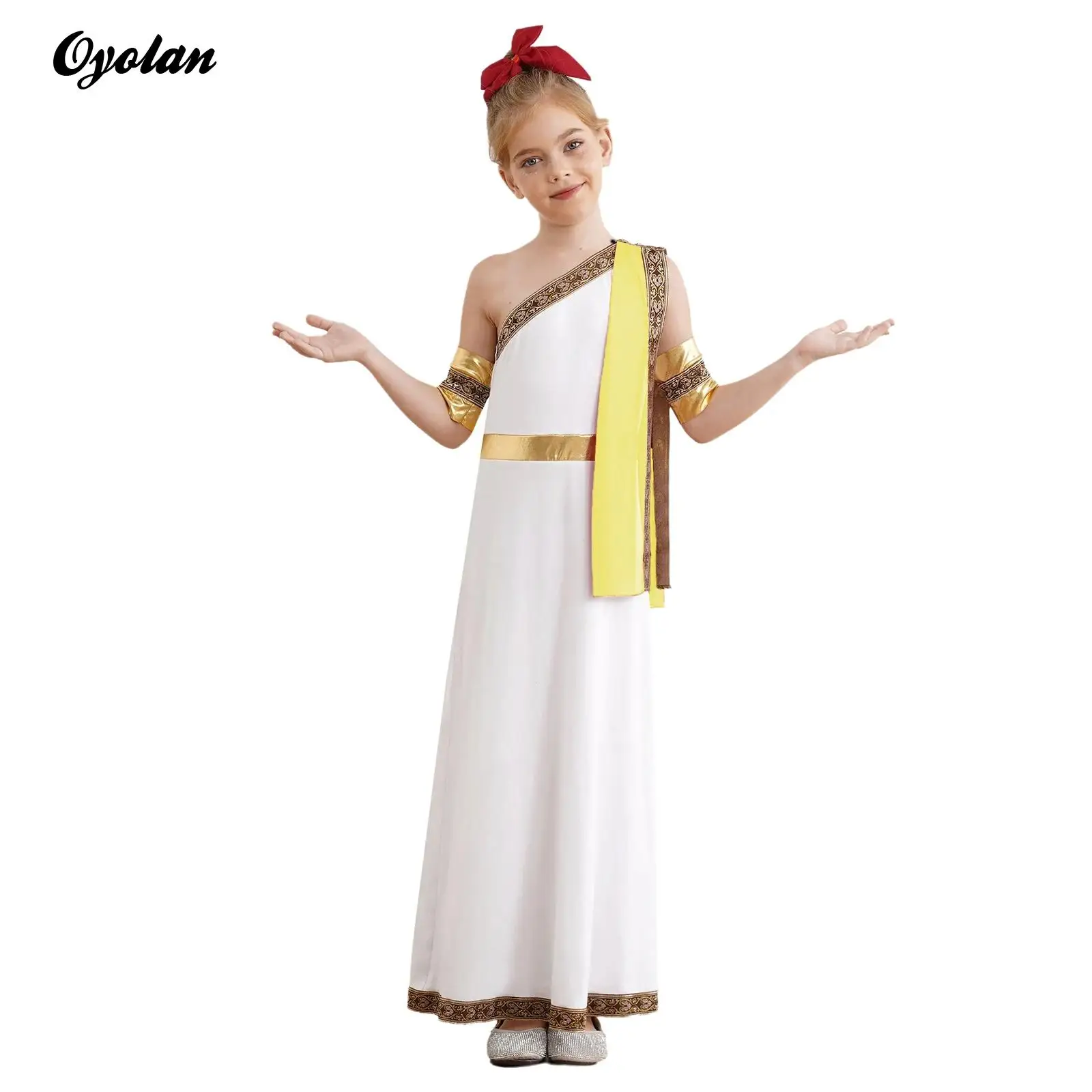 

Girls Halloween Ancient Greek Toga Classic Roman Carnival Cosplay Costume One Shoulder Embroider Robe with Removable Cuffs
