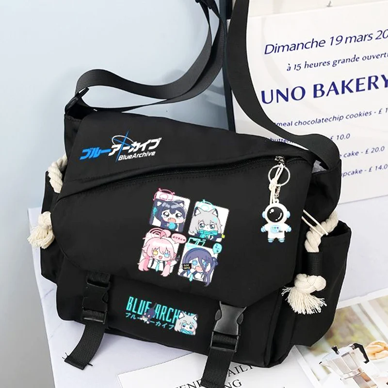 Anime Messenger Crossbody Initiated Bags for School Girls and Boys, Black White,Blue Archive, Student Kids and Teens