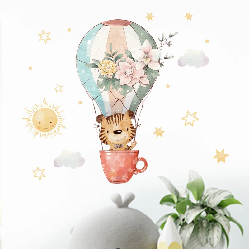 

New Cute Little Tiger Wall Sticker with Hot Air Balloon, Kids Bedroom Kindergarten Wall Beautification Decal Art