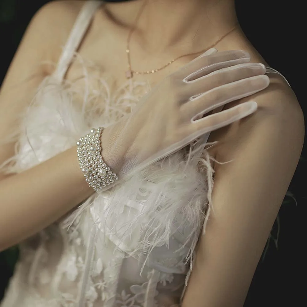 Guantes de boda cortos con lazo para mujer, mitones de tul, guantes de dedo de perla, encaje blanco, hecho a mano, Sexy