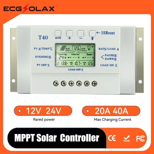 ECGSOLAX-controlador de carga Solar MPPT, regulador PV con pantalla LCD automática, Control de temporizador Dual para sistema de iluminación Solar, 40A, 20a, 12V, 24V,regulador carga solar 12v,controlador carga solar